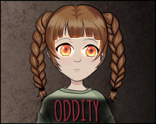 Oddity Icon for the game Oddity. Showing a girl with braided pigtails and glowing orange eyes.