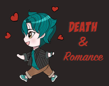 Icon for the game Death & Romance. Showing a chibi version of the main character Adriel skipping with small hearts around him.